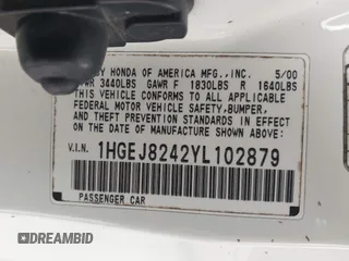 2000 Honda Civic EX with VIN 1HGEJ8242YL102879, listed as a IAAI auction lot 39103013 with 197,220 mi miles and . Bid and sale history available at DreamBid. Image 9.