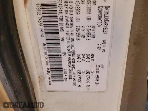 2003 Dodge Caravan Sport with VIN 2D4GP44L73R101409, listed as a Copart auction lot 51632205 with 242,567 mi miles and Salvage Title. Bid and sale history available at DreamBid. Image 13.
