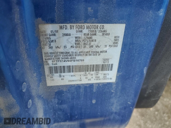 2009 Ford F-150 XL z VIN 1FTPX14V69FB16769, wystawiony jako Copart lot #57498575 z przebiegiem 168 162 mil mil oraz Szkoda całkowita • Salvage title. Historia ofert i sprzedaży dostępna na DreamBid. Obrazek 12.