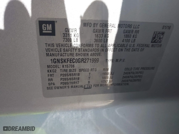 2016 Chevrolet Tahoe Commercial with VIN 1GNSKFEC0GR271999, listed as a IAAI auction lot 41600932 with 201,879 mi miles. Bid and sale history available at carsss.com. Image 9.