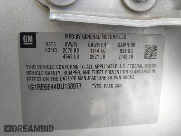 2013 Chevrolet Volt with VIN 1G1RE6E44DU138977, listed as a IAAI auction lot 41867186 with 213,478 mi miles and . Bid and sale history available at carsss.com. Image 9.