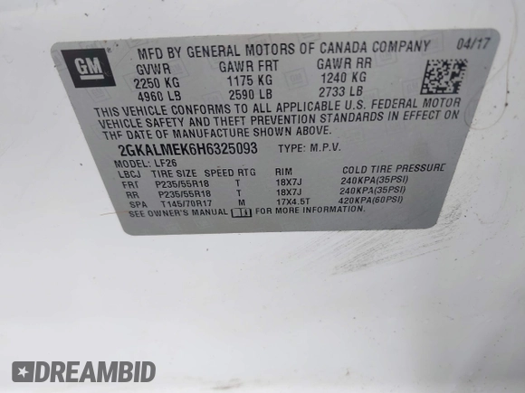 2017 GMC Terrain SLE with VIN 2GKALMEK6H6325093, listed as a IAAI auction lot 41876055 with 100,246 mi miles and . Bid and sale history available at carsss.com. Image 9.