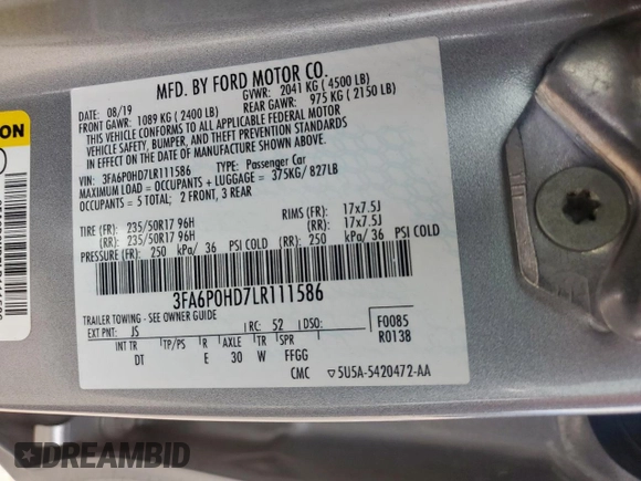 2020 Ford Fusion SE with VIN 3FA6P0HD7LR111586, listed as a Copart auction lot 56688945 with 105,591 mi miles and Salvage title. Bid and sale history available at DreamBid. Image 13.