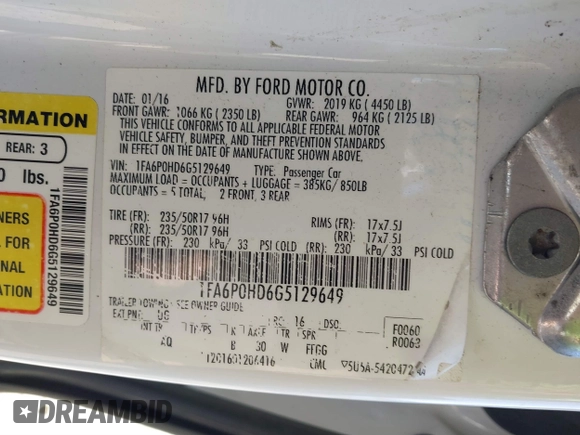 2016 Ford Fusion SE with VIN 1FA6P0HD6G5129649, listed as a IAAI auction lot 41740215 with 94,410 mi miles and . Bid and sale history available at carsss.com. Image 9.