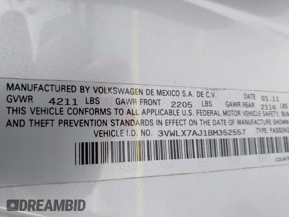 2011 Volkswagen Jetta SEL with VIN 3VWLX7AJ1BM352557, listed as a IAAI auction lot 42569321 with 130,321 mi miles and . Bid and sale history available at DreamBid. Image 9.