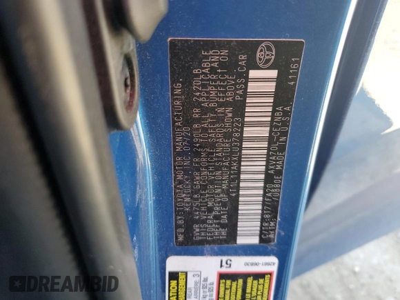 2020 Toyota Camry LE with VIN 4T1L11AKXLU378223, listed as a Copart auction lot 44786535 with 109,978 mi miles and Non Repairable. Bid and sale history available at carsss.com. Image 12.