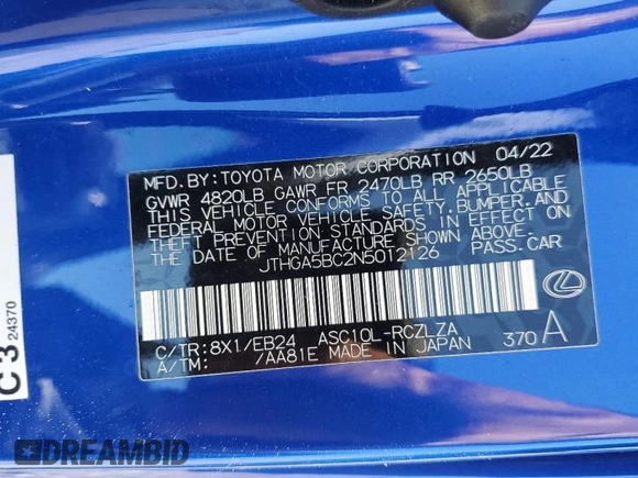 2022 Lexus RC with VIN JTHGA5BC2N5012126, listed as a Copart auction lot 76266574 with 17,693 mi miles and Salvage Title. Bid and sale history available at carsss.com. Image 14.