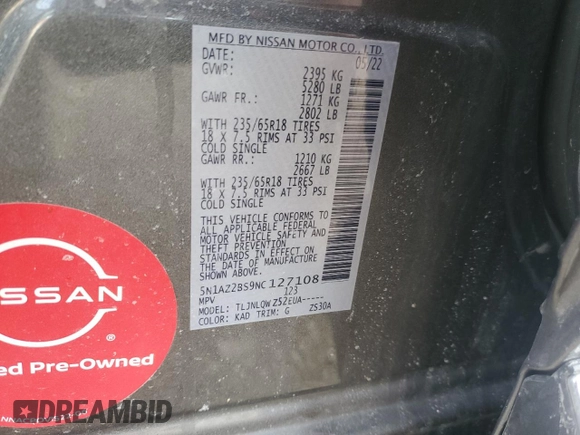 2022 Nissan Murano SV z VIN 5N1AZ2BS9NC127108, wystawiony jako Copart lot #44454565 z przebiegiem 43 923 mil mil oraz Szkoda całkowita • Salvage title. Historia ofert i sprzedaży dostępna na DreamBid. Obrazek 13.