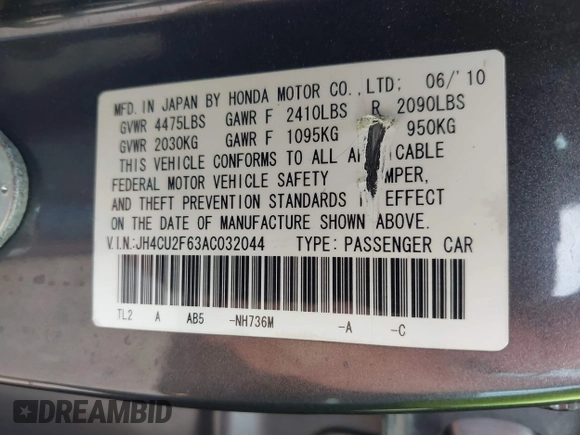 2010 Acura TSX with VIN JH4CU2F63AC032044, listed as a IAAI auction lot 42412492 with 140,547 mi miles and . Bid and sale history available at DreamBid. Image 9.