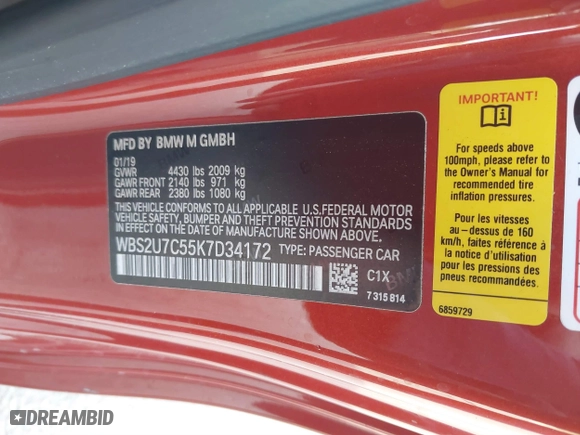 2019 BMW M2 Competition with VIN WBS2U7C55K7D34172, listed as a IAAI auction lot 41430700 with 43,232 mi miles. Bid and sale history available at carsss.com. Image 9.