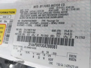2016 Ford Fusion Titanium with VIN 3FA6P0K93GR288081, listed as a IAAI auction lot 41784259 with 71,197 mi miles. Bid and sale history available at carsss.com. Image 9.