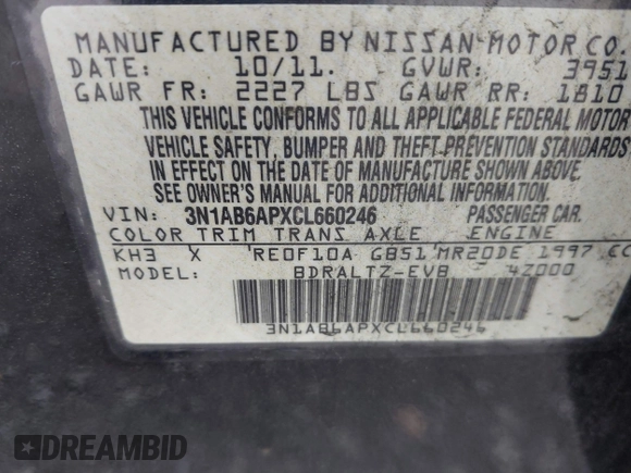 2012 Nissan Sentra 2.0 with VIN 3N1AB6APXCL660246, listed as a IAAI auction lot 42345404 with 167,394 mi miles and . Bid and sale history available at DreamBid. Image 9.