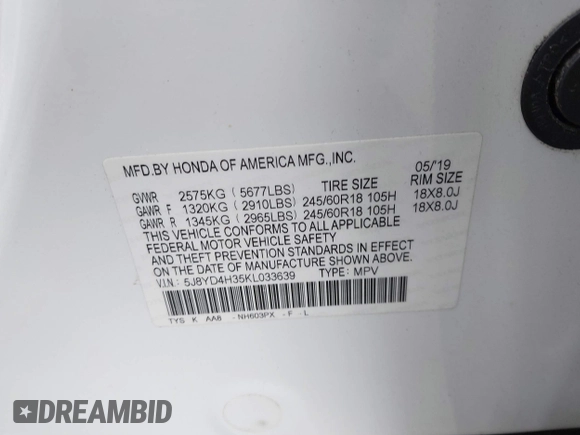 2019 Acura MDX with VIN 5J8YD4H35KL033639, listed as a IAAI auction lot 41721505 with 69,160 mi miles and . Bid and sale history available at DreamBid. Image 9.