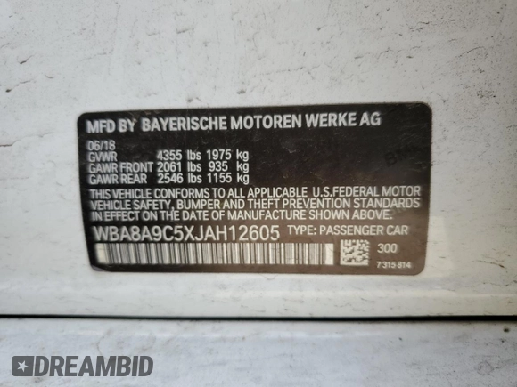 2018 BMW 3 Series 320i with VIN WBA8A9C5XJAH12605, listed as a Copart auction lot 53277105 with 78,833 mi miles and Salvage title. Bid and sale history available at DreamBid. Image 14.