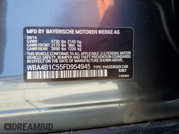 2015 BMW 4 Series 435i with VIN WBA4B1C55FD954945, listed as a Copart auction lot 41579735 with Not Provided miles and Clean Title. Bid and sale history available at DreamBid. Image 12.