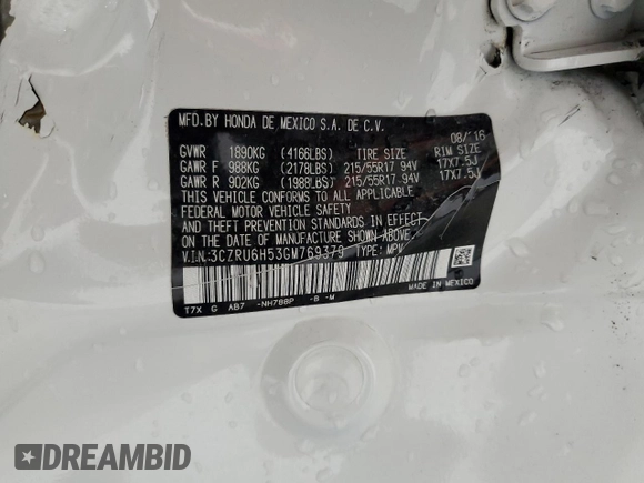 2016 Honda HR-V EX with VIN 3CZRU6H53GM769379, listed as a Copart auction lot 52888635 with 70,183 mi miles and Salvage Title. Bid and sale history available at DreamBid. Image 13.