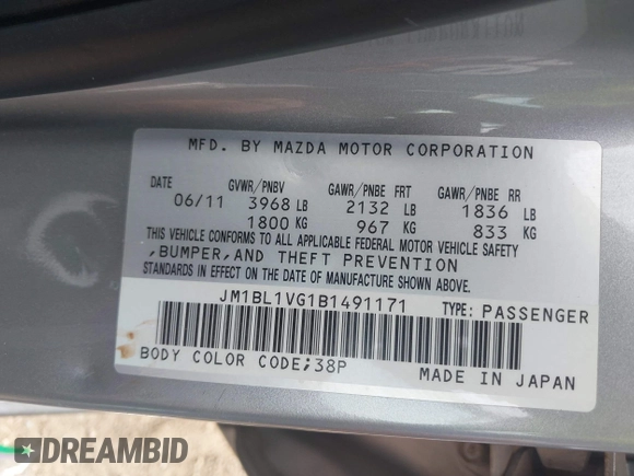 2011 Mazda Mazda3 i Touring with VIN JM1BL1VG1B1491171, listed as a IAAI auction lot 41886159 with 127,674 mi miles. Bid and sale history available at carsss.com. Image 9.