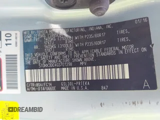 2016 Toyota Sienna LE AAS with VIN 5TDKK3DC4GS701298, listed as a IAAI auction lot 42115591 with 94,729 mi miles and . Bid and sale history available at DreamBid. Image 9.