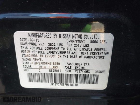 2015 Infiniti Q50 Premium z VIN JN1BV7AR5FM418350, wystawiony jako IAAI lot #41622894 z przebiegiem 135 478 mil mil oraz . Historia ofert i sprzedaży dostępna na DreamBid. Obrazek 9.