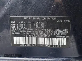 2019 Subaru Impreza с VIN 4S3GKAB69K3613901, выставлен на аукционе IAAI как лот 41951872 с пробегом 16 611 миль миль и . История ставок и продаж доступна на DreamBid. Изображение 9.