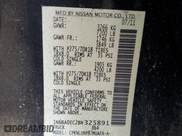 2011 Nissan Titan Pro-4X z VIN 1N6BA0EC2BN325891, wystawiony jako Copart lot #43241505 z przebiegiem Nie podano mil oraz Szkoda całkowita • Salvage title. Historia ofert i sprzedaży dostępna na DreamBid. Obrazek 14.