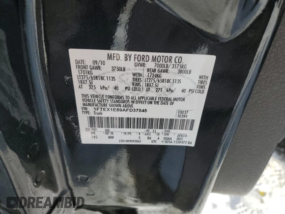 2010 Ford F-150 XL с VIN 1FTEX1E89AFD37545, выставлен на аукционе Copart как лот 88172055 с пробегом 151 790 миль миль и Чистый • Clean title. История ставок и продаж доступна на DreamBid. Изображение 12.