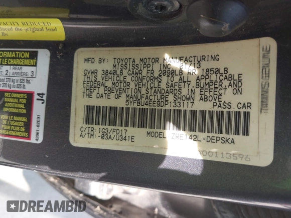 2013 Toyota Corolla L with VIN 5YFBU4EE9DP133117, listed as a IAAI auction lot 42228268 with 180,413 mi miles and . Bid and sale history available at DreamBid. Image 9.