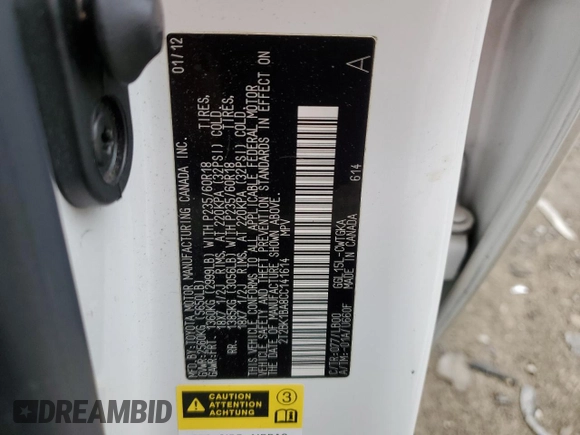 2012 Lexus RX 350 with VIN 2T2BK1BA8CC141614, listed as a Copart auction lot 54475895 with Not provided miles and Clean title. Bid and sale history available at DreamBid. Image 13.