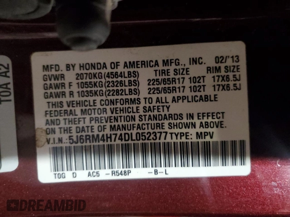 2013 Honda CR-V EX-L with VIN 5J6RM4H74DL052377, listed as a Copart auction lot 48051335 with 143,229 mi miles and Salvage Title. Bid and sale history available at carsss.com. Image 15.