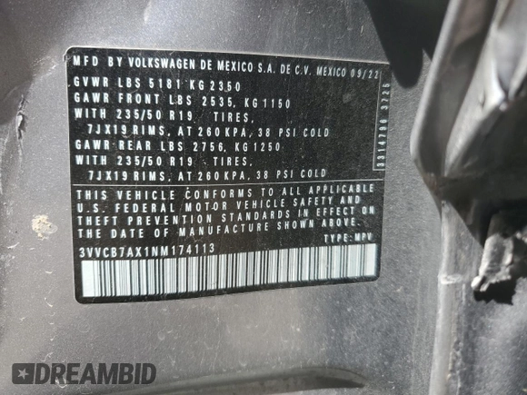 2022 Volkswagen Tiguan SE R-Line Black with VIN 3VVCB7AX1NM174113, listed as a Copart auction lot 51280465 with 42,260 mi miles and Clean title. Bid and sale history available at DreamBid. Image 13.
