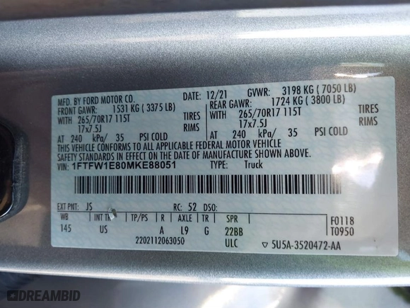 2021 Ford F-150 XL with VIN 1FTFW1E80MKE88051, listed as a IAAI auction lot 41071851 with 37,858 mi miles. Bid and sale history available at carsss.com. Image 9.
