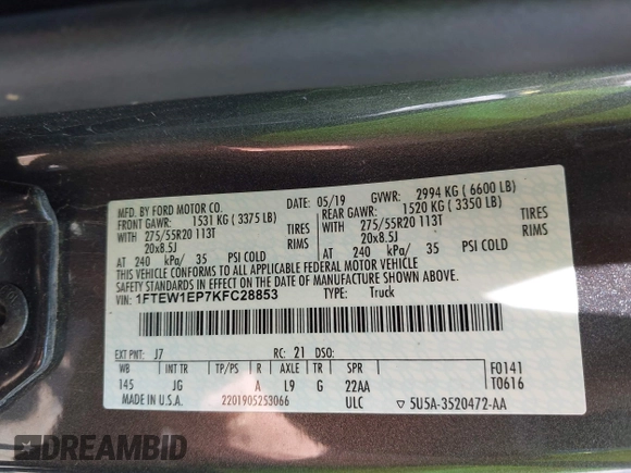 2019 Ford F-150 XL with VIN 1FTEW1EP7KFC28853, listed as a IAAI auction lot 42176182 with 132,599 mi miles and . Bid and sale history available at DreamBid. Image 9.