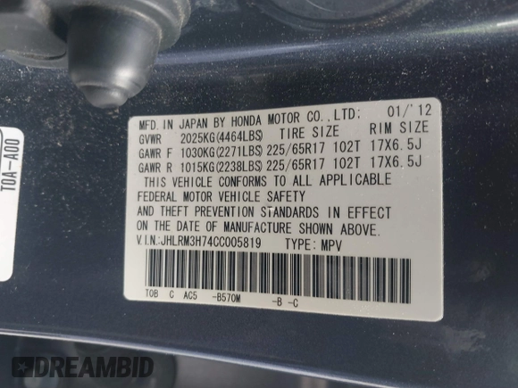 2012 Honda CR-V EX-L with VIN JHLRM3H74CC005819, listed as a IAAI auction lot 41899830 with 150,874 mi miles and . Bid and sale history available at carsss.com. Image 9.