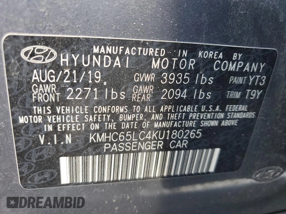 2019 Hyundai Ioniq Blue with VIN KMHC65LC4KU180265, listed as a Copart auction lot 56967965 with 103,681 mi miles and Salvage title. Bid and sale history available at DreamBid. Image 12.