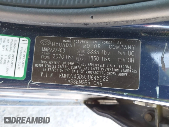 2003 Hyundai Elantra GLS z VIN KMHDN45D93U648323, wystawiony jako IAAI lot #42023382 z przebiegiem 213 540 mil mil oraz . Historia ofert i sprzedaży dostępna na DreamBid. Obrazek 9.