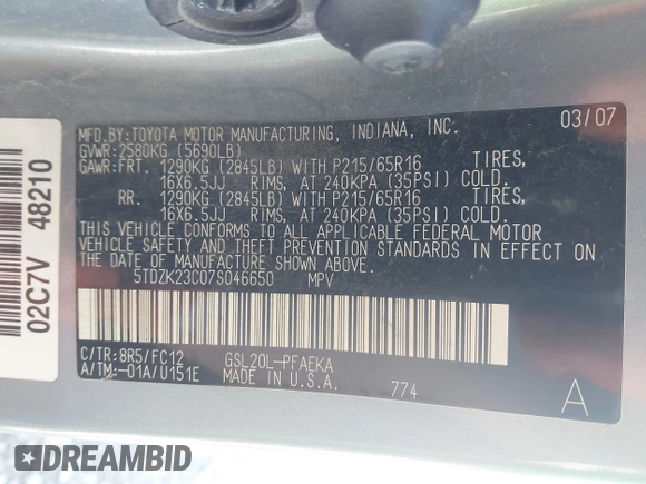 2007 Toyota Sienna CE with VIN 5TDZK23C07S046650, listed as a IAAI auction lot 42019170 with 294,359 mi miles. Bid and sale history available at carsss.com. Image 9.