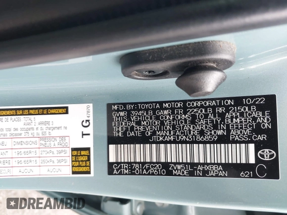 2022 Toyota Prius L Eco with VIN JTDKAMFU9N3186859, listed as a IAAI auction lot 41486941 with 122,665 mi miles and . Bid and sale history available at DreamBid. Image 9.