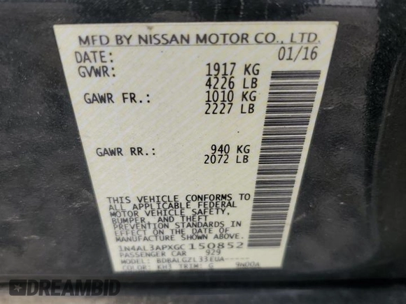 2016 Nissan Altima S with VIN 1N4AL3APXGC150852, listed as a Copart auction lot 58870705 with 195,145 mi miles and Salvage title. Bid and sale history available at DreamBid. Image 13.