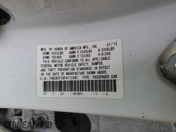 2015 Honda Accord Sedan LX with VIN 1HGCR2F38FA112582, listed as a Copart auction lot 50356995 with 125,701 mi miles and Salvage Title. Bid and sale history available at carsss.com. Image 14.
