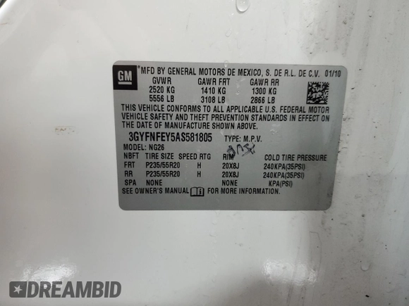 2010 Cadillac SRX Premium Collection with VIN 3GYFNFEY5AS581805, listed as a Copart auction lot 48716805 with 102,877 mi miles and Salvage title. Bid and sale history available at DreamBid. Image 13.