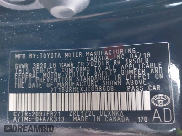 2018 Toyota Corolla L z VIN 2T1BURHEXJC098608, wystawiony jako IAAI lot #41168514 z przebiegiem 134 623 mil mil oraz . Historia ofert i sprzedaży dostępna na DreamBid. Obrazek 9.