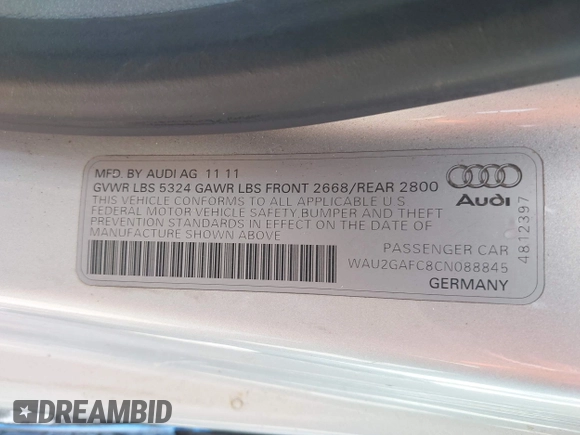 2012 Audi A7 Prestige с VIN WAU2GAFC8CN088845, выставлен на аукционе IAAI как лот 42438205 с пробегом 117 504 миль миль и . История ставок и продаж доступна на DreamBid. Изображение 9.