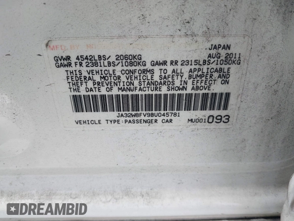 2011 Mitsubishi Lancer Evolution GSR with VIN JA32W8FV9BU045781, listed as a IAAI auction lot 41308314 with 102,840 mi miles. Bid and sale history available at carsss.com. Image 9.