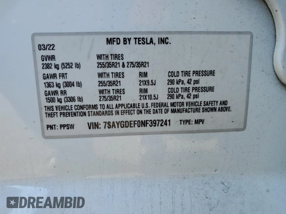 2022 Tesla Model Y Performance with VIN 7SAYGDEF0NF397241, listed as a Copart auction lot 46488005 with 37,422 mi miles and Salvage Title. Bid and sale history available at DreamBid. Image 12.