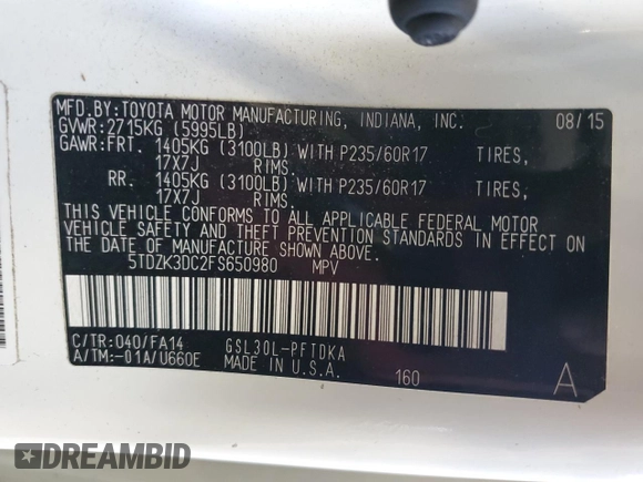 2015 Toyota Sienna L with VIN 5TDZK3DC2FS650980, listed as a Copart auction lot 54481385 with 270,983 mi miles and Clean Title. Bid and sale history available at carsss.com. Image 13.
