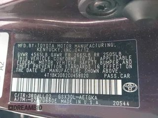 2012 Toyota Avalon z VIN 4T1BK3DB2CU458020, wystawiony jako IAAI lot #41707811 z przebiegiem 91 999 mil mil oraz . Historia ofert i sprzedaży dostępna na DreamBid. Obrazek 9.
