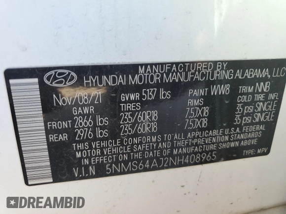 2022 Hyundai Santa Fe XRT z VIN 5NMS64AJ2NH408965, wystawiony jako Copart lot #52251595 z przebiegiem 44 859 mil mil oraz Czysty tytuł • Clean title. Historia ofert i sprzedaży dostępna na DreamBid. Obrazek 12.