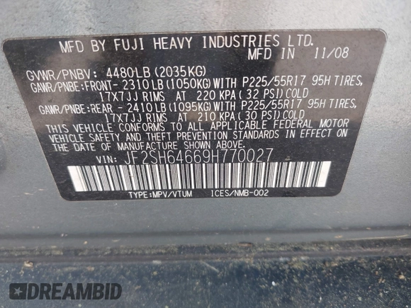 2009 Subaru Forester X Limited with VIN JF2SH64669H770027, listed as a IAAI auction lot 42693734 with 112,907 mi miles and . Bid and sale history available at DreamBid. Image 9.