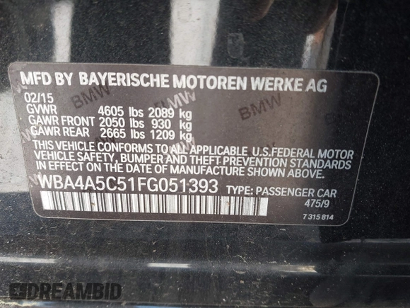 2015 BMW 4 Series 428i with VIN WBA4A5C51FG051393, listed as a IAAI auction lot 42041960 with 136,929 mi miles and . Bid and sale history available at carsss.com. Image 9.