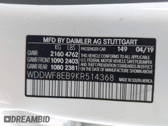 2019 Mercedes-Benz C 300 with VIN WDDWF8EB9KR514368, listed as a IAAI auction lot 41706039 with 71,315 mi miles and . Bid and sale history available at carsss.com. Image 9.